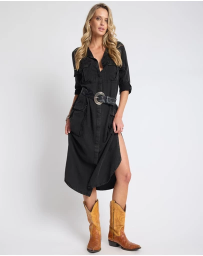 ONE TEASPOON - Crushed Midi Shirt Dress - Black