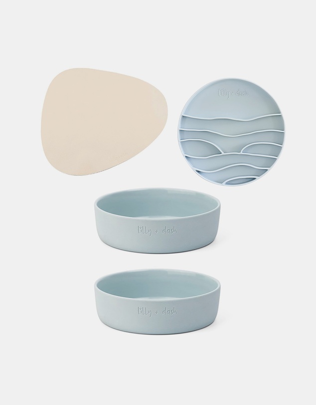 Lilly + Dash - Dog Eat and Drink Set – 2 Bowls + Lick Insert + Sand Placemat Set