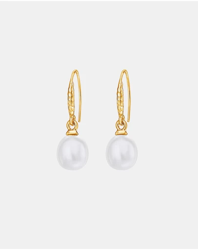 Dower & Hall - Women's 8mm Oval White Luna Pearl Drop Earrings in Gold Vermeil