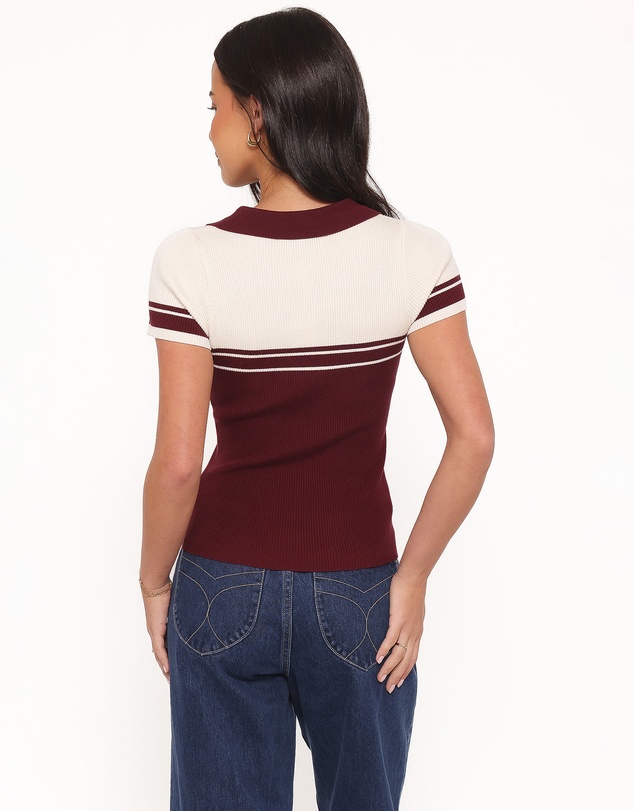 Petal & Pup - Maris Knit Polo Top - Burgundy/Cream Stripe