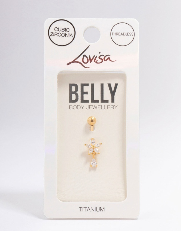 Lovisa - Gold Plated Titanium Cubic Zirconia Flower Pear Threadless Belly Bar