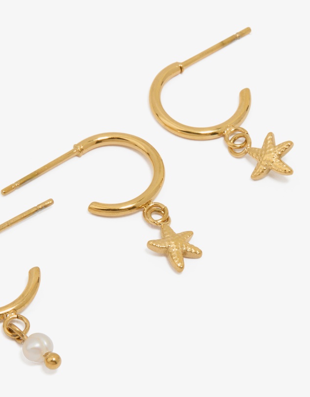 Lovisa - Waterproof Gold Plated Stainless Steel Pearl & Starfish Hoop Earrings 2-Pack
