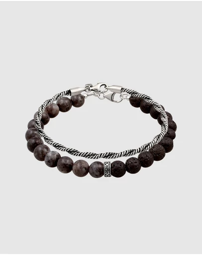 Kuzzoi - ICONIC EXCLUSIVE - Bracelet Male Beads Grey Lavakite and Black Lava 925 Sterling Silver