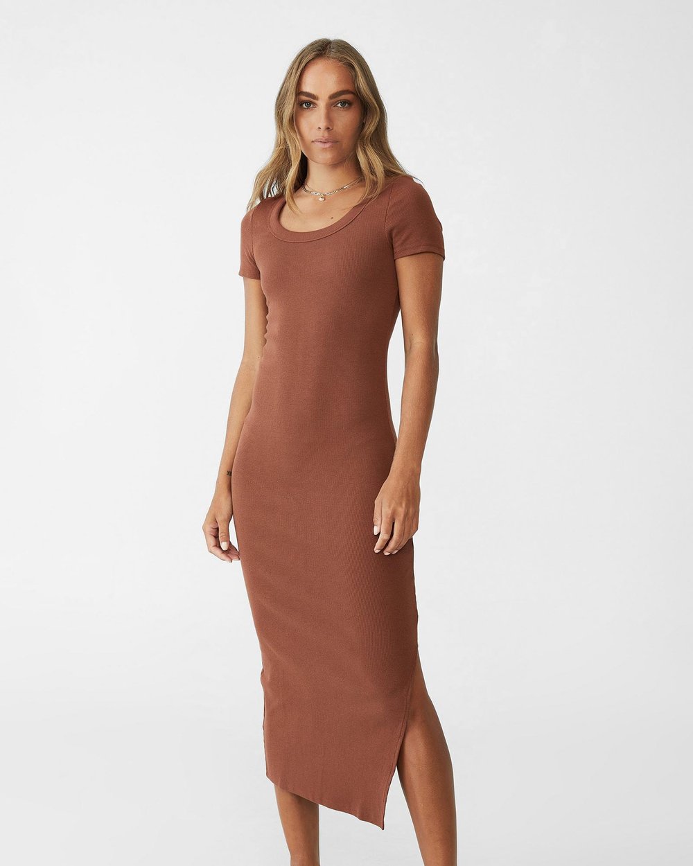 Rib Short Sleeve Split Midi Dress by Cotton On Online | THE ICONIC |  Australia