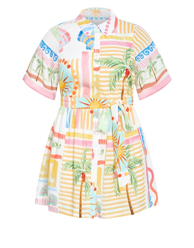 City Chic - Plus size Lia Sea Dream Placement Print Mini Dress - ivory
