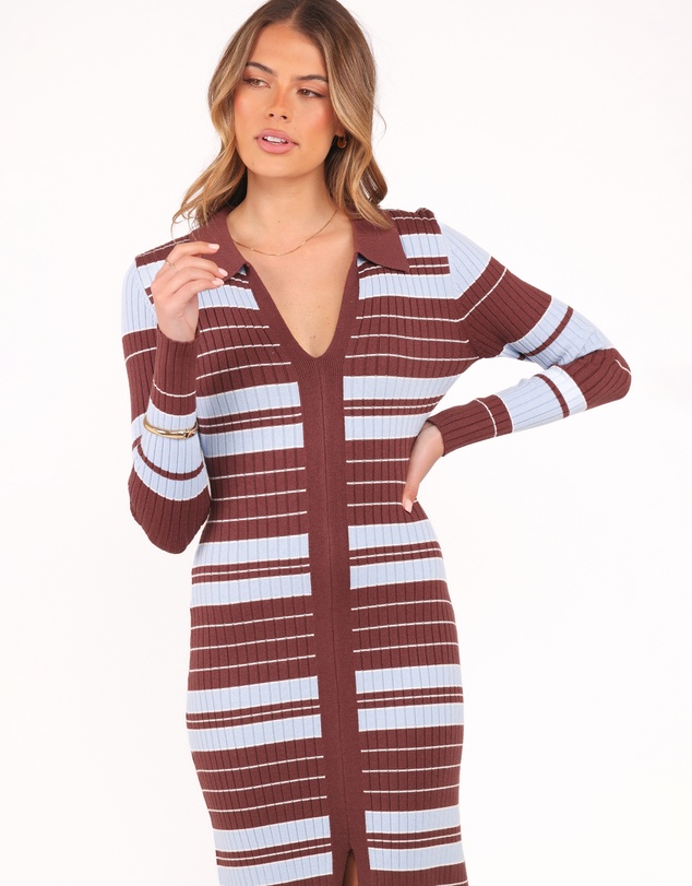 Petal & Pup - Eliana Long Sleeve Midi Dress - Brown Blue Stripe
