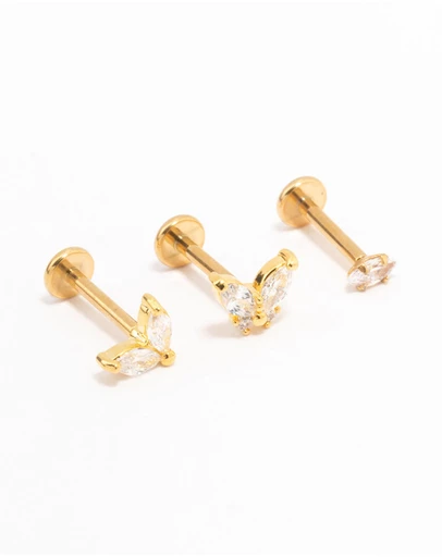 Lovisa - Gold Plated Surgical Steel Butterfly & Marquise Flat Back 3-Pack