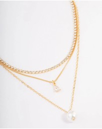 Lovisa - Gold Plated Cup Chain Diamante & Freshwater Pearl Layered Necklace
