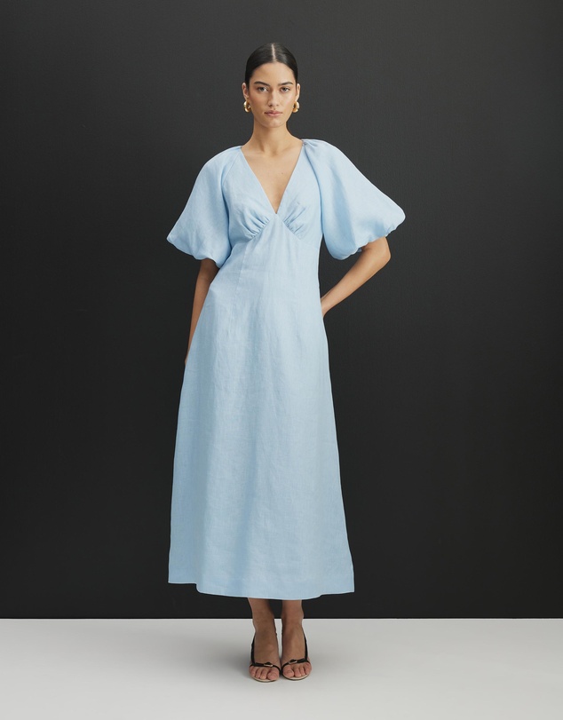 AERE - Imogen Linen Puff Sleeve Midi Dress