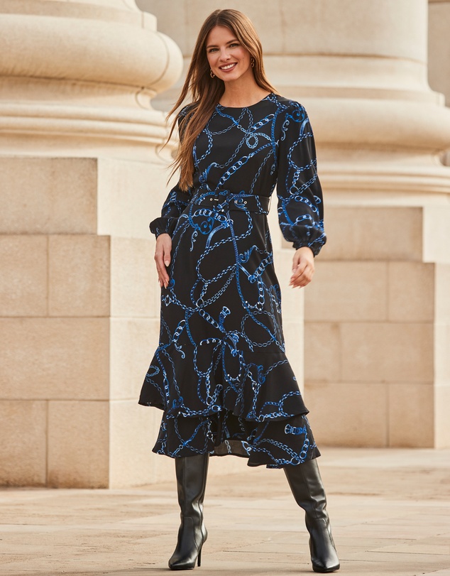 Sosandar - Chain Print Ruffle Hem Fit & Flare Dress