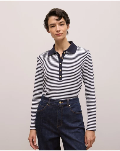 Trenery - Cotton Stripe Button Detail Polo in Night Sky