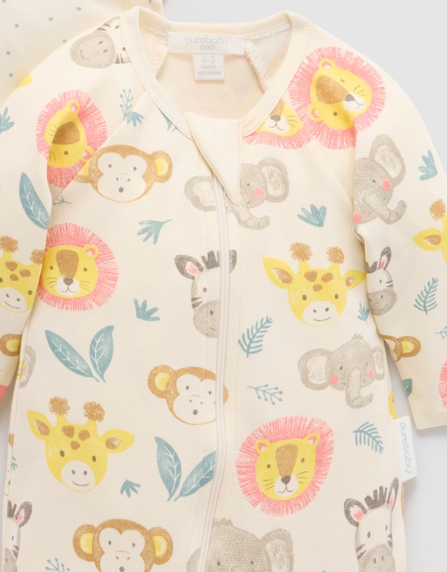 Purebaby - 2 Pack Basics Printed Zip Growsuit -Kids-Babies