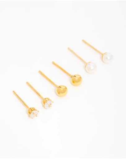 Lovisa - Gold Plated Surgical Steel Small Pearl & Cubic Zirconia Stud Earrings 3-Pack