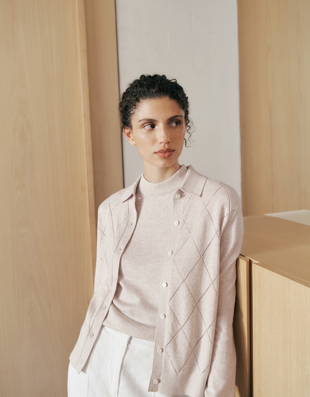 Trenery - Cotton Cashmere Pointelle Cardigan in Clay