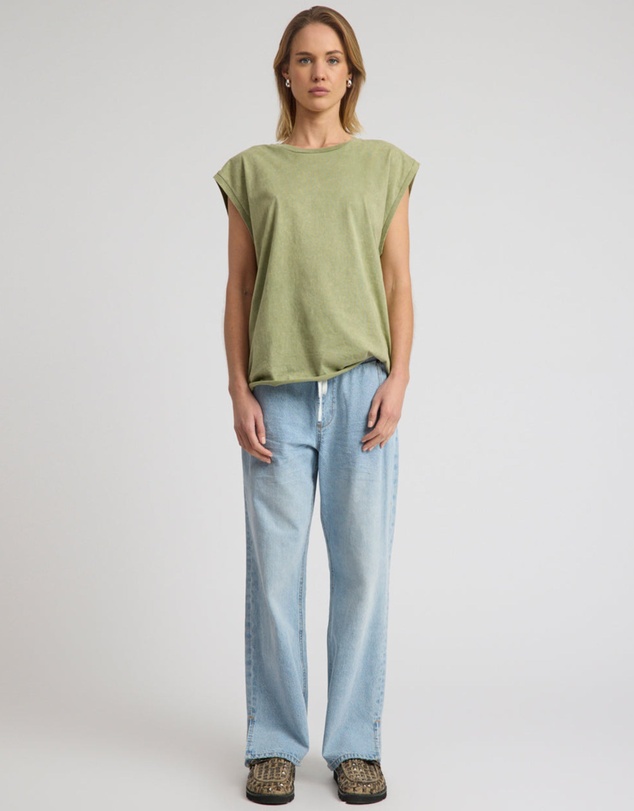 ONE TEASPOON - Roadhouse Mid Waist Wide Leg Drawstring Denim Jean - Riviera Blue