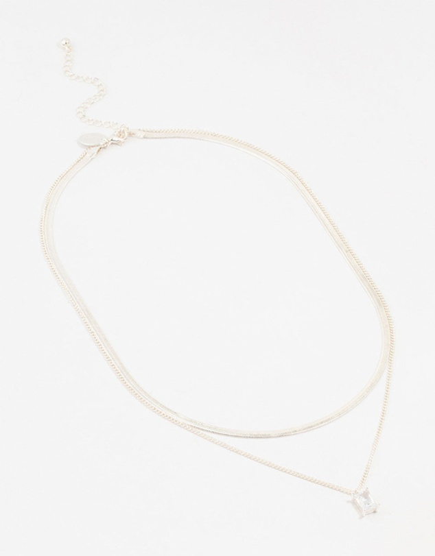 Lovisa - Silver Plated Baguette Diamante & Snake Chain Necklaces 2-Pack