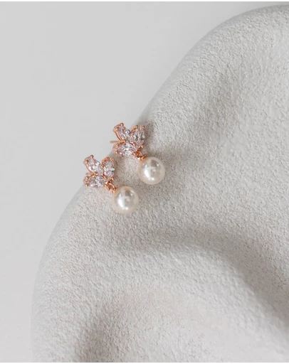 The White Collection - Lola - Delicate Rose Gold Pearl Bridal Earrings