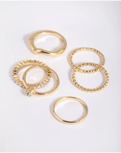 Lovisa - Gold Plated Molten Diamante Ring 6-Pack