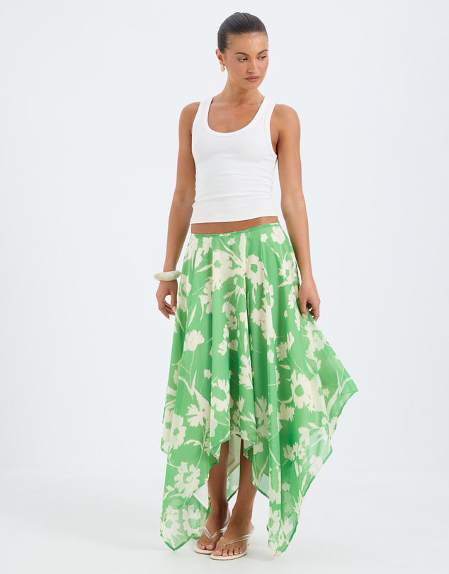 Calli - Aurora Verde Floral Print Asymmetrical Skirt