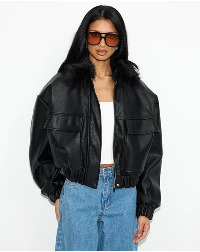 Dazie - Harley PU Bomber With Detachable Faux Fur Collar