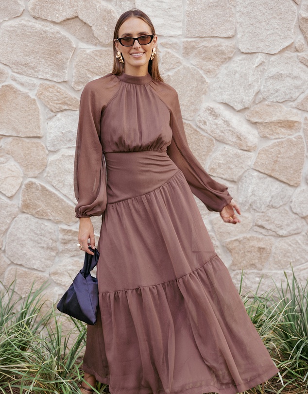 Petal & Pup - Julip Sheer Long Sleeve Maxi Dress - Brown