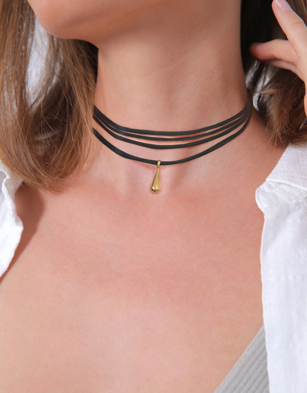 Elli Jewelry - Necklace Satin Ribbon Black Drop Pendant in 925 Sterling Silver Gold Plated