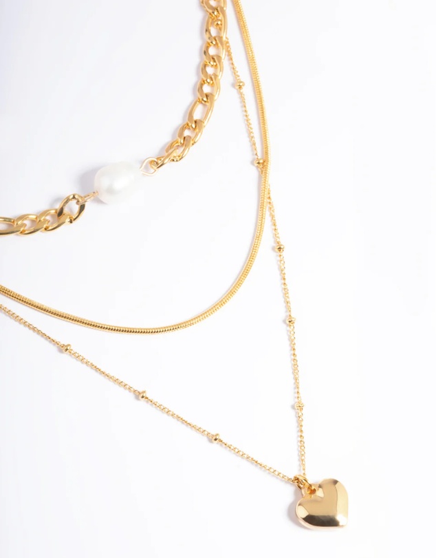 Lovisa - Waterproof Gold Plated Stainless Steel Heart & Freshwater Pearl Layered Necklace