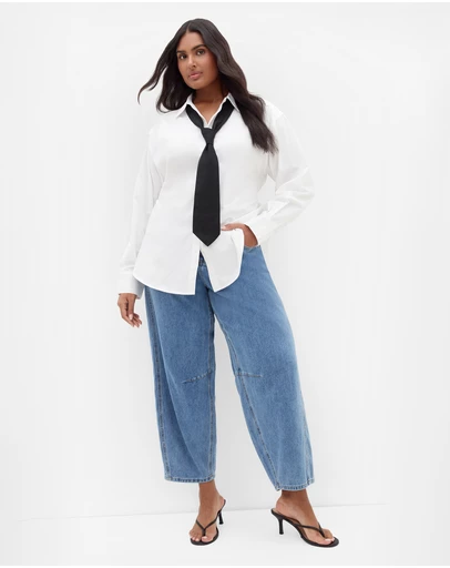 City Chic - Plus size Neck Tie Cotton Shirt - ivory