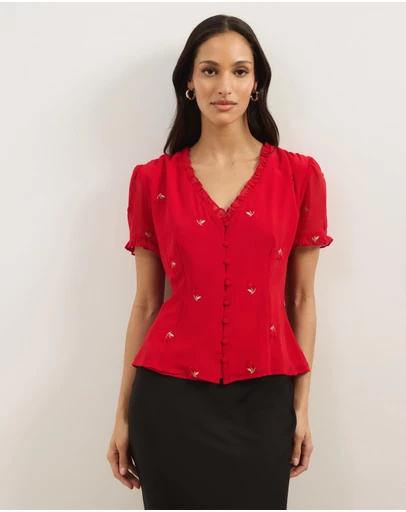Atmos&Here - Cherry V-Neck Ruffle Blouse
