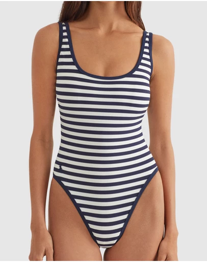 Polo Ralph Lauren - Pique Stripe High Leg Low Back One Piece Swimsuit