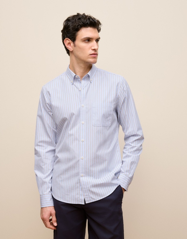 Trenery - Regular Fit Poplin Stripe Long Sleeve Shirt in Ice Blue