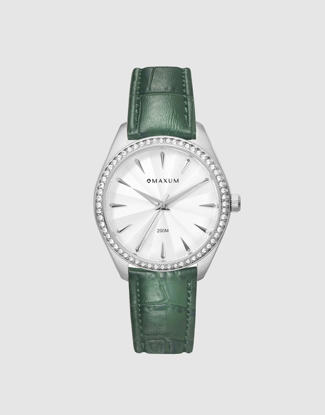 Maxum - Sydney - White Dial, Silver Tone Case & Green Leather Band