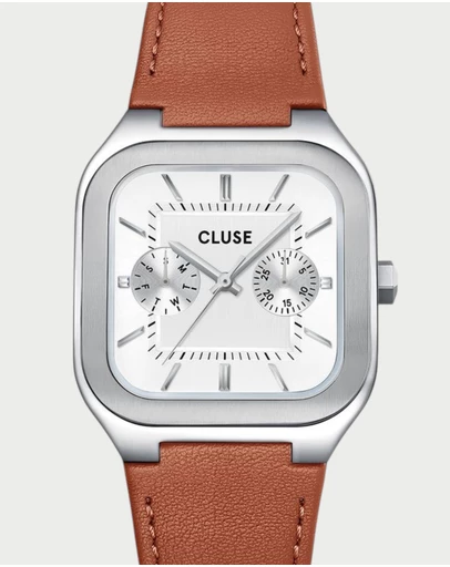 Cluse - CLUSE Quadrus Multi, Leather, Light Brown, Silver Colour