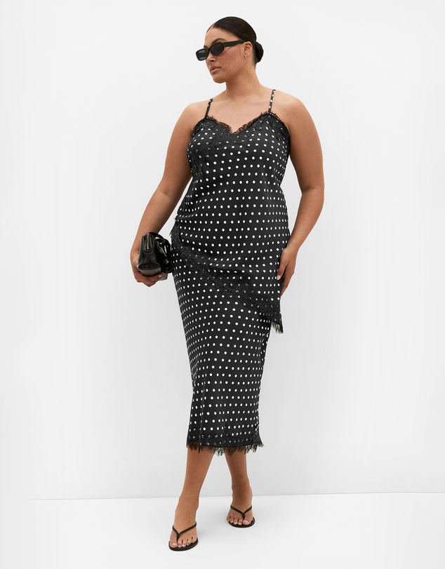 City Chic - Plus size Lace Spot Print Asymmetrical Satin Cami - black