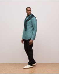 Trenery - Regular Fit Linen Micro Check Long Sleeve Shirt in Jade Green
