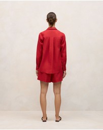 Trenery - Linen Pocket Detail Long Sleeve Shirt in Cherry Red