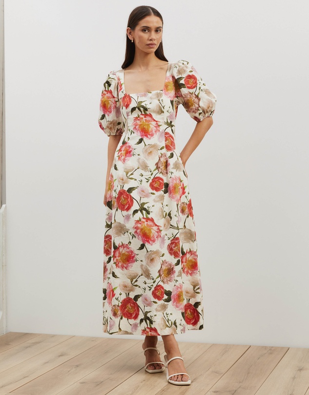 Atmos&Here - Ava Linen Blend Puff Sleeve Maxi Dress
