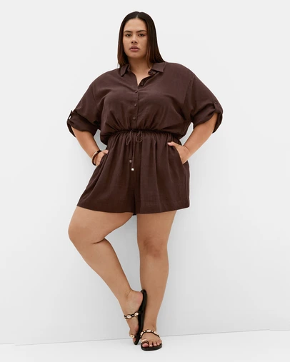 City Chic - Plus size Taranto Button Up Playsuit - chocolate