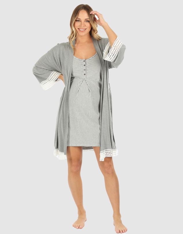Angel Maternity - 3 Piece Hospital Pack - Nursing Dress + Lace Robe + Baby Wrap Set