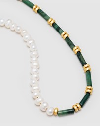 Nialaya Jewellery - Beaded Necklace with Freshwater Pearls and Green Jade