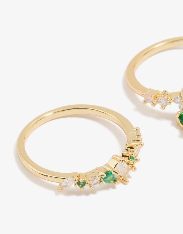 Lovisa - Gold Plated Green Cubic Zirconia Bow & Dainty Rings 2-Pack