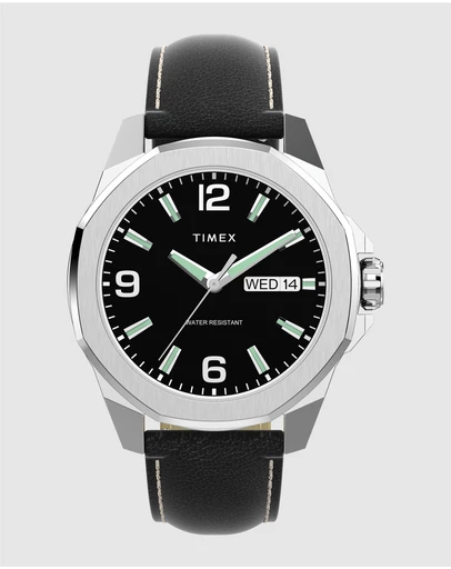 TIMEX - Essex Day & Date 46mm Leather Strap Watch