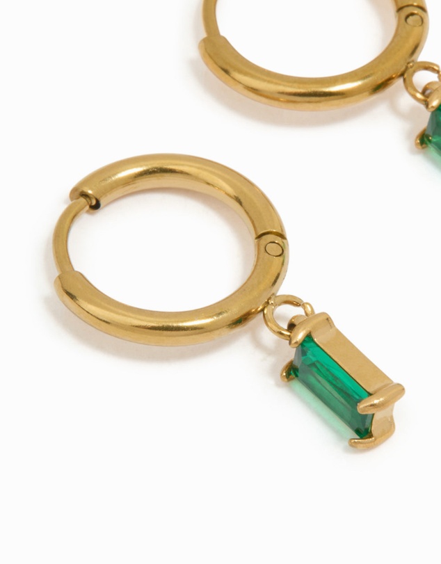 Lovisa - Waterproof Gold Plated Stainless Steel Green Baguette Huggie Earrings