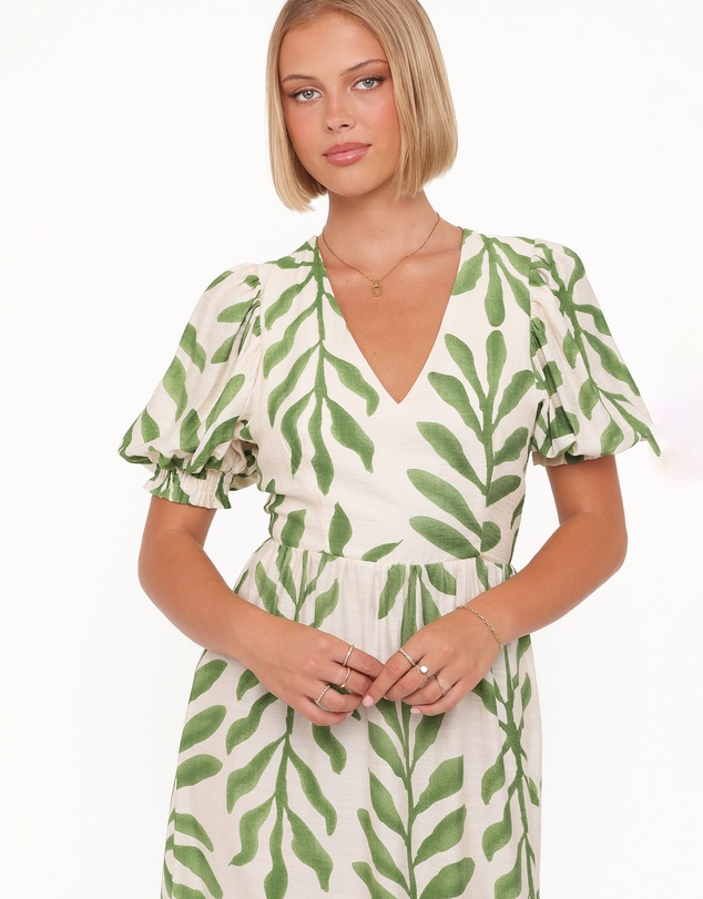 Petal & Pup - Steele Puff Sleeve Midi Dress - Green Palm