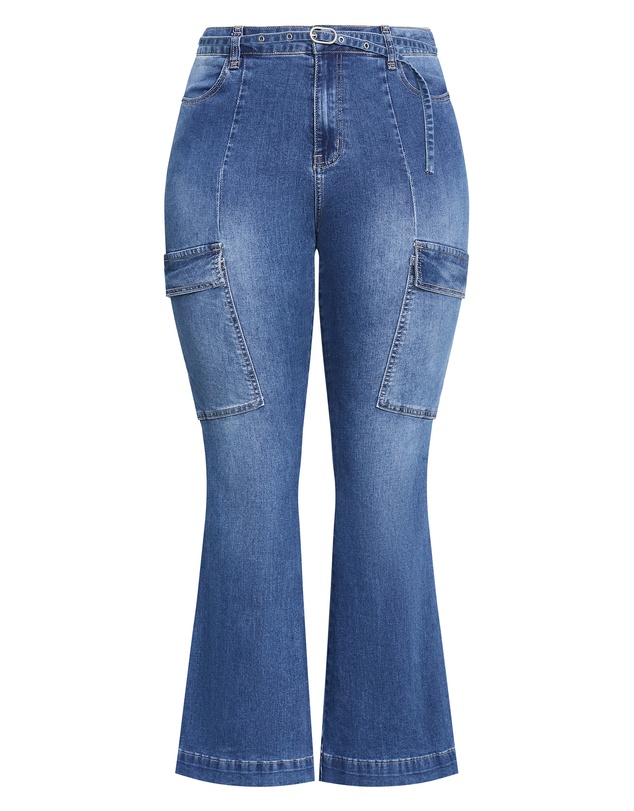 City Chic - Plus size Harley Fit Cargo Flare Leg Jean - mid wash