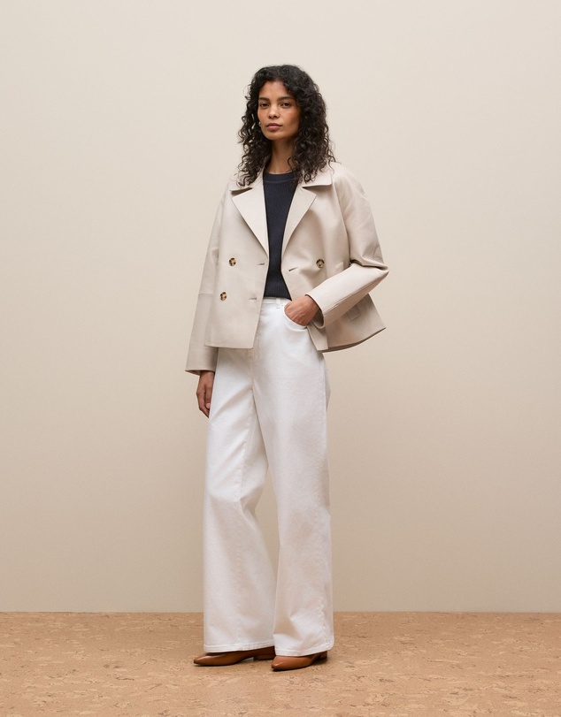 Trenery - Leather Double Breasted Cropped Jacket in Stone