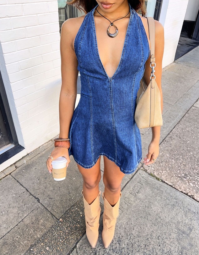 Beginning Boutique - Isalin Mid Wash Denim Halter Mini Dress