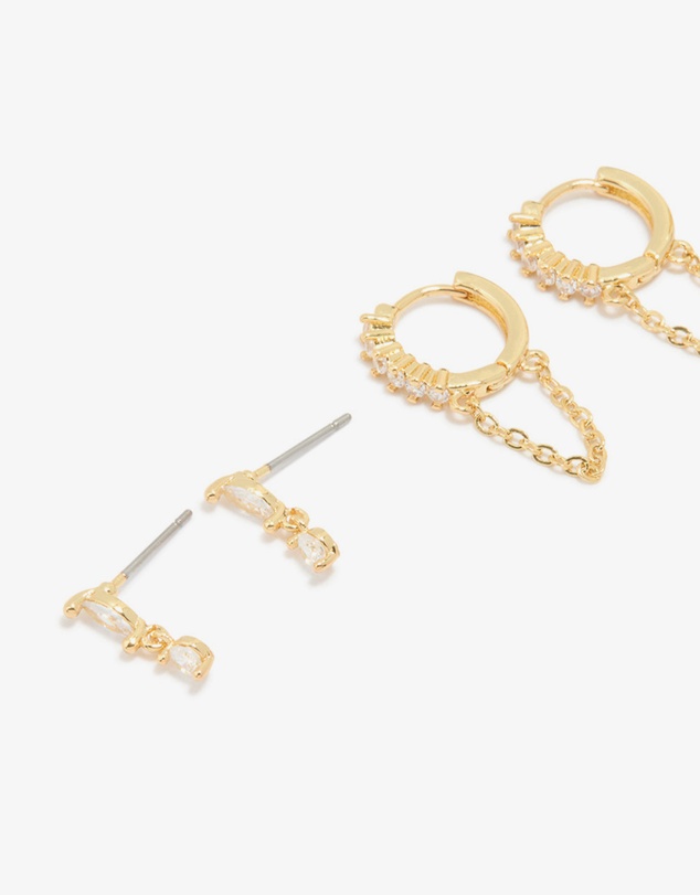 Lovisa - Gold Plated Cubic Zirconia Stud & Chain Huggie Earrings 4-Pack