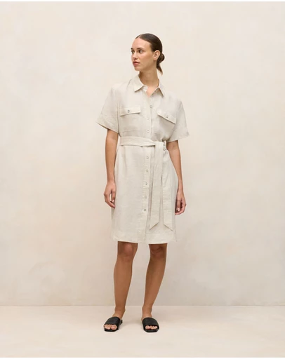 Trenery - Linen Pocket Detail Shirt Dress in Flax