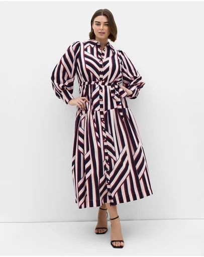 City Chic - Plus size Timeless Stripe Long Sleeve Maxi Dress - bone